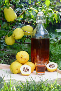 Tincture of quince and fruit on a wooden table.