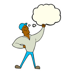 cartoon man striking heroic pose with thought bubble