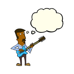 cartoon man playing electric guitar with thought bubble