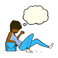 cartoon woman leaning on package box with thought bubble