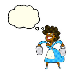 cartoon milkmaid carrying buckets with thought bubble