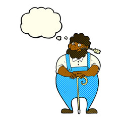 cartoon farmer leaning on walking stick with thought bubble