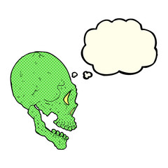 spooky skull illustration with thought bubble
