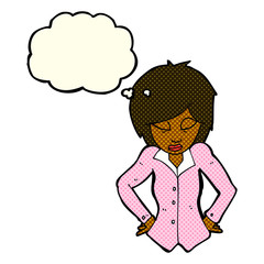 cartoon woman with hands on hips with thought bubble