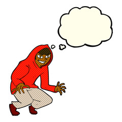 cartoon mischievous boy in hooded top with thought bubble