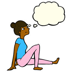 cartoon woman sitting with thought bubble