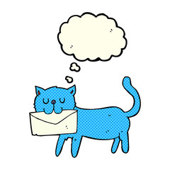 cartoon cat carrying letter with thought bubble