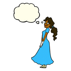 cartoon pretty woman in dress with thought bubble