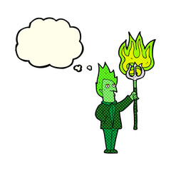 cartoon devil with pitchfork with thought bubble
