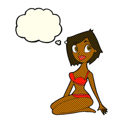 cartoon pretty woman in underwear with thought bubble
