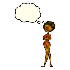 cartoon retro woman in bikini with thought bubble