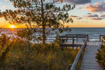 Plakat Wooden Deck Overlooking a Lake Huron Sunset - Pinery Provincial Park, Ontario, Canada