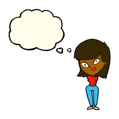 cartoon confused woman with thought bubble