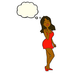cartoon pretty woman in cocktail dress with thought bubble