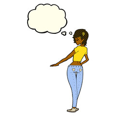 cartoon pretty girl in jeans and tee with thought bubble