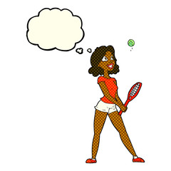 cartoon woman playing tennis with thought bubble