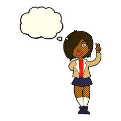 cartoon cool girl giving peace sign with thought bubble