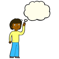 cartoon friendly boy waving with thought bubble