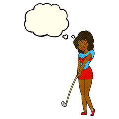 cartoon woman playing golf with thought bubble