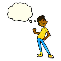 cartoon celebrating man with thought bubble