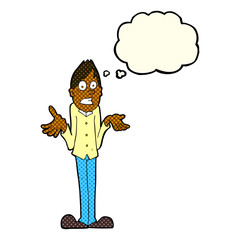 cartoon man shrugging shoulders with thought bubble