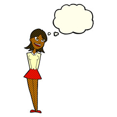 cartoon happy woman with thought bubble