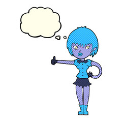 cartoon vampire girl giving thumbs up sign with thought bubble