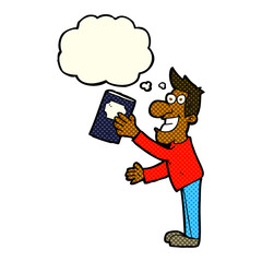 cartoon man with book with thought bubble