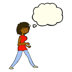 cartoon woman walking with thought bubble