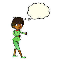 cartoon christmas elf woman with thought bubble