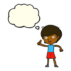 cartoon boy giving thumbs up symbol with thought bubble