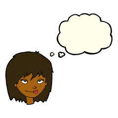 cartoon smiling woman with thought bubble