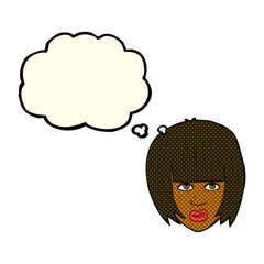 cartoon annoyed girl with big hair with thought bubble