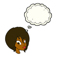 cartoon pretty female face pouting with thought bubble