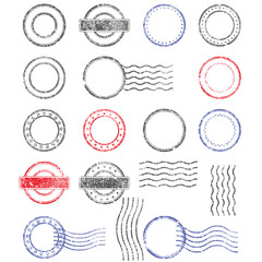 Blank templates of shabby postal stamps of round shape