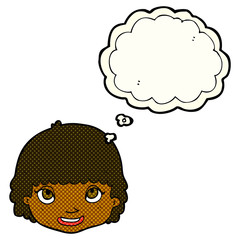 cartoon happy female face with thought bubble