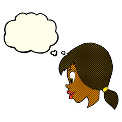 cartoon pretty female face with thought bubble