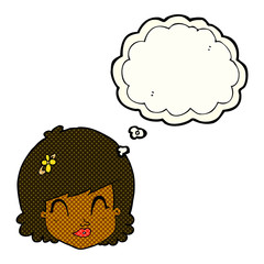 cartoon happy female face with thought bubble