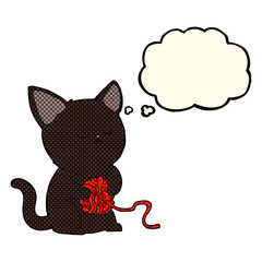 cartoon cute black cat playing with ball of yarn with thought bu
