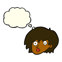 cartoon surprised female face with thought bubble