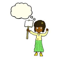 cartoon hippie girl with protest sign with thought bubble