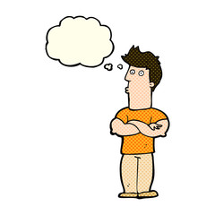 cartoon man with folded arms with thought bubble