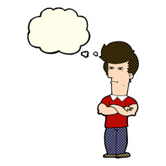 cartoon man with folded arms with thought bubble