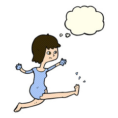 cartoon happy woman kicking with thought bubble