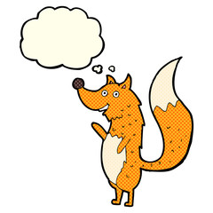 cartoon waving fox with thought bubble