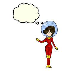 cartoon space woman with thought bubble