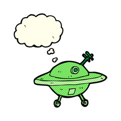 cartoon flying saucer with thought bubble