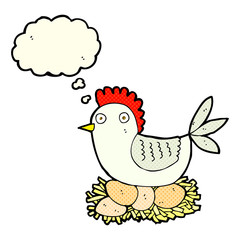 cartoon hen on eggs with thought bubble