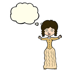 cartoon worried victorian woman with thought bubble