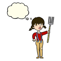 cartoon farmer girl with thought bubble